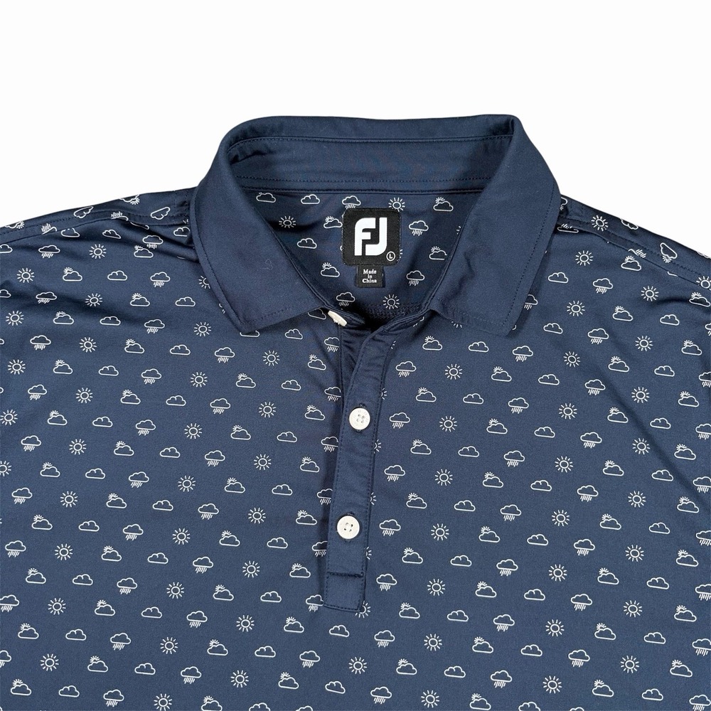 FOOTJOY FJ Sun Rain Clouds Weather Performance Golf Polo L Forest Dunes AOP Blue